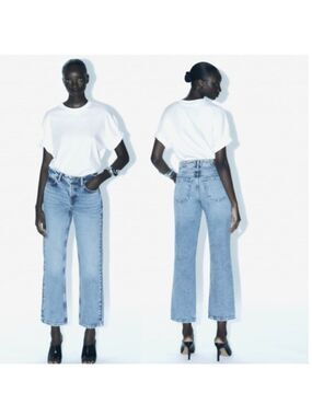 Zara High Rise Straight Leg Jeans Mid Blue Size 8